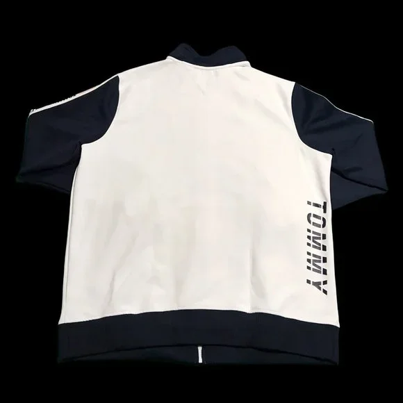 Tommy Hilfiger Mens Full Zip Mock Neck Sweater Size L Tall White Navy Stretch Zip Up